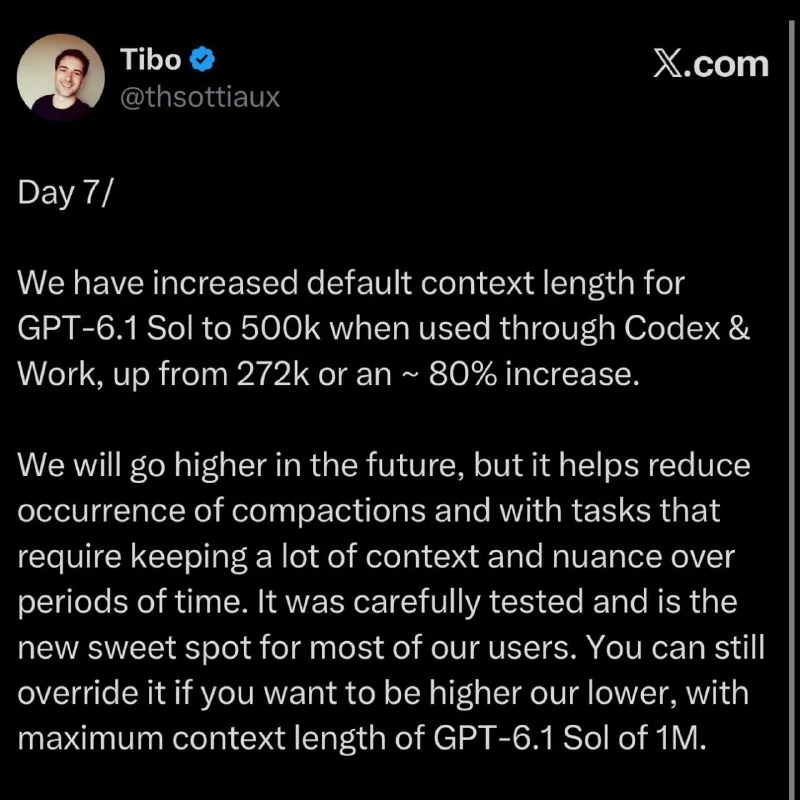 OpenAI увеличила контекстное окно GPT-6.1 Sol до 500 тысяч токенов