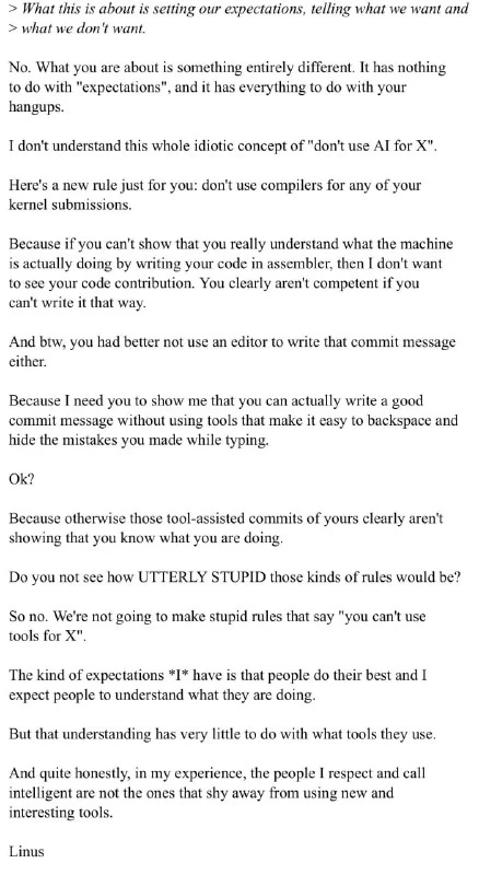 Linus Torvalds aux détracteurs de l'IA : arrêtez d'utiliser des compilateurs si vous voulez prouver que vous êtes de vrais développeurs - 1