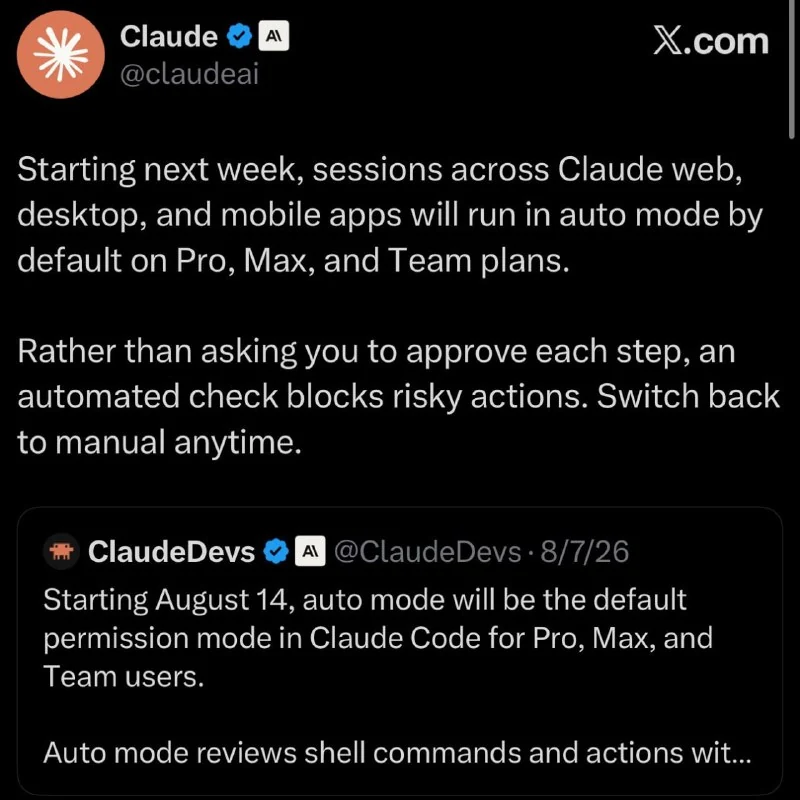 Claude utilisera Auto Mode par défaut pour les autorisations sur Pro, Max et Team