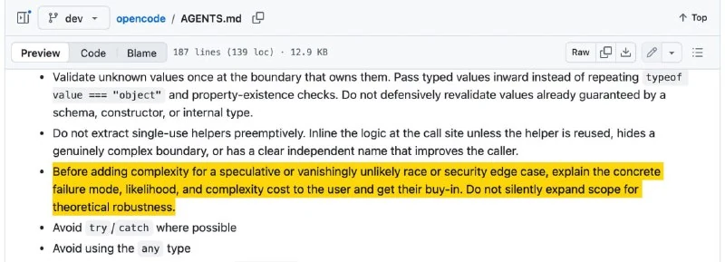 Une règle forte tirée du fichier AGENTS.md de Opencode