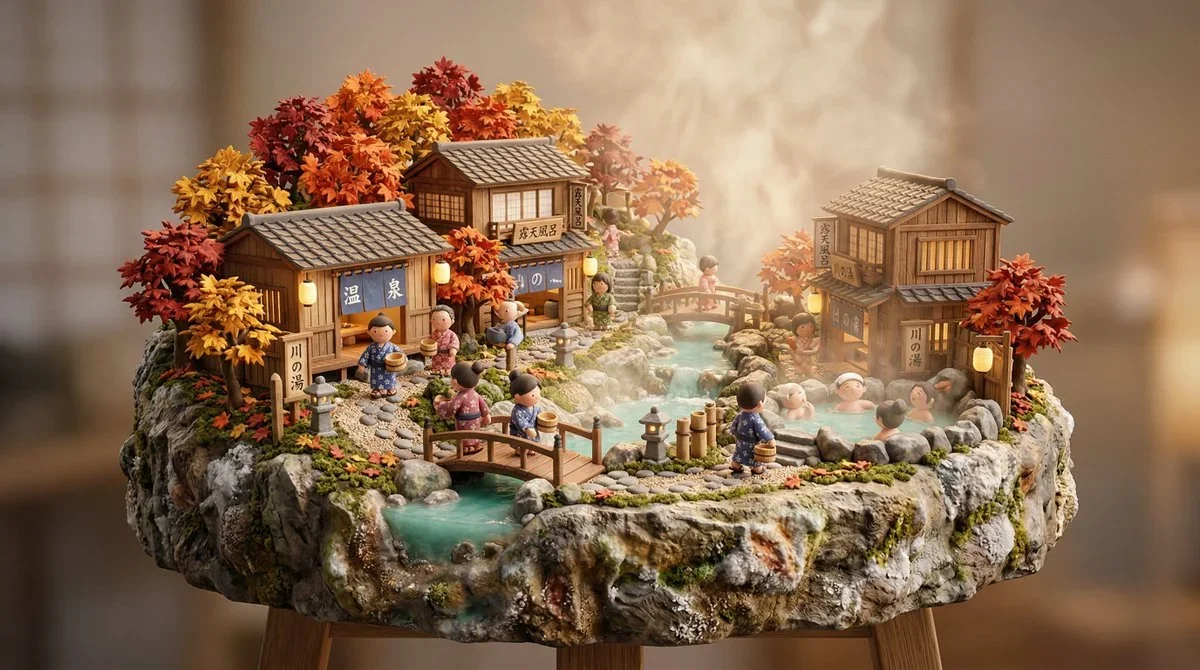 3D miniature scene, a [JAPANESE ONSEN VILLAGE] with [wooden