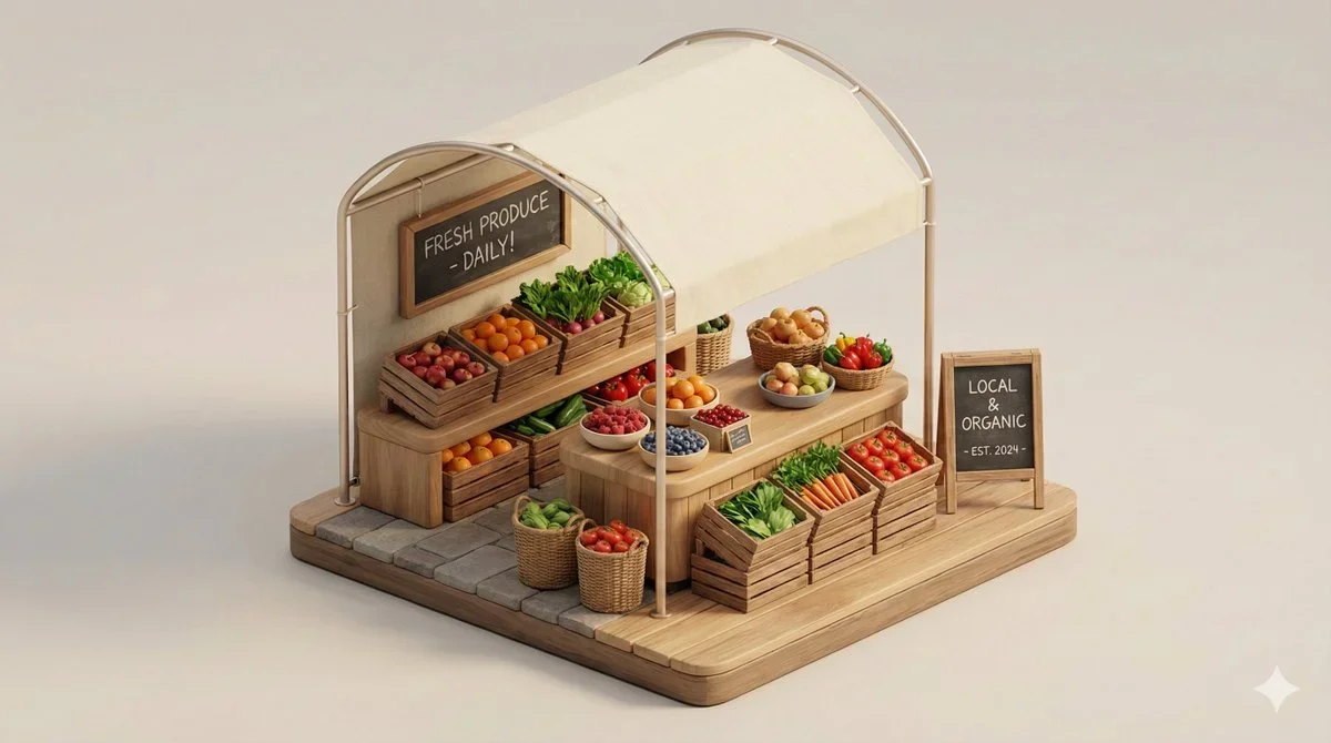 A clean, minimal 3D isometric diorama of a [URBAN RETAIL TYP