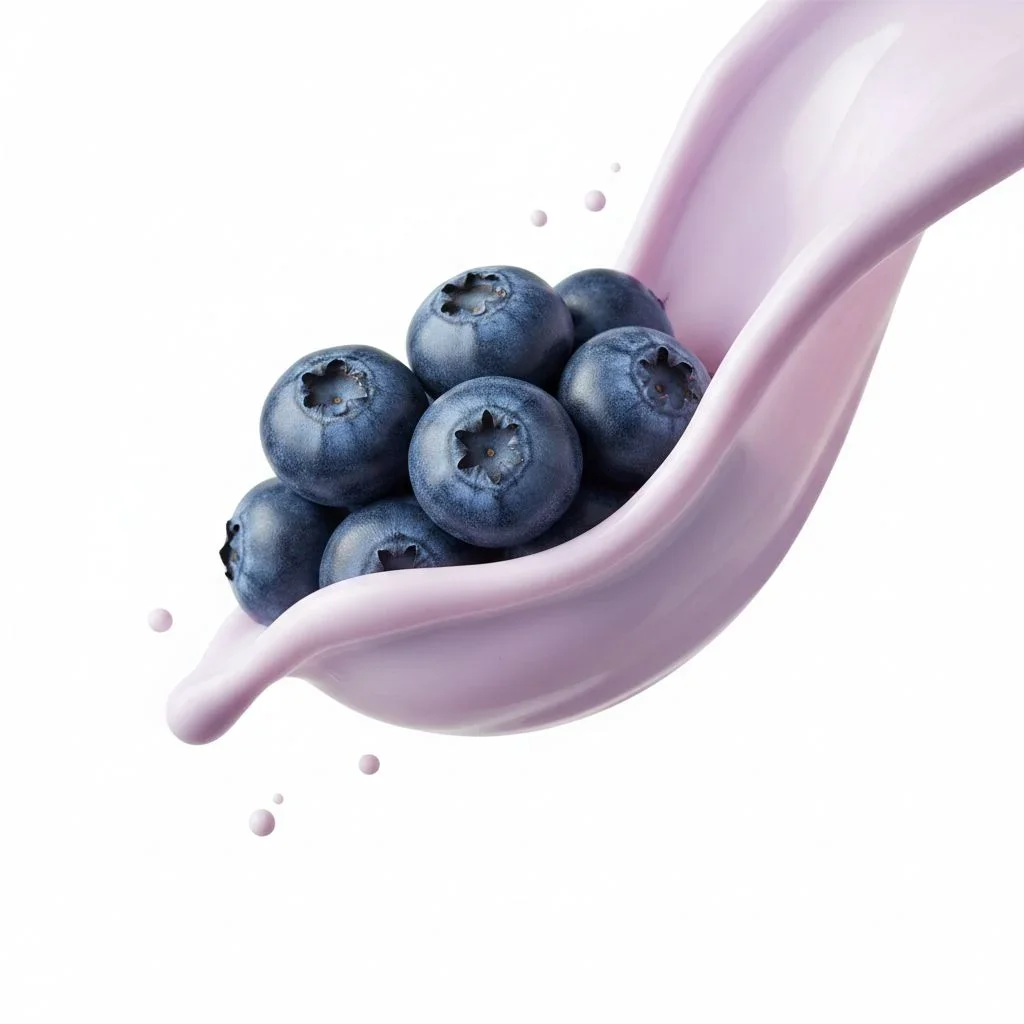 A high-speed studio photograph of a cluster of fresh blueber